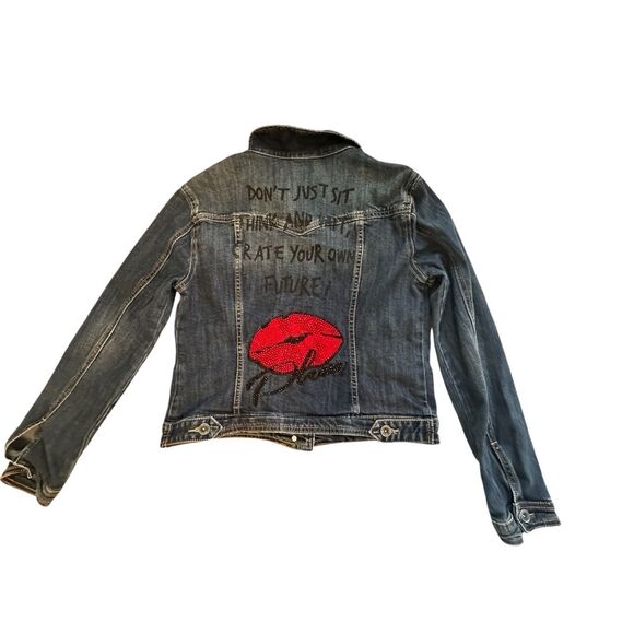 Miss bonbon Girl Dark Blue Graphic Print Denim Jacket Size XL - Picture 5 of 11